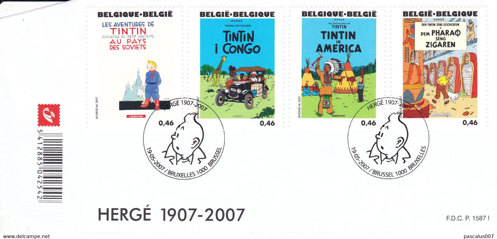 B01-389 Bloc 143 FDC P1587 I 3636 3637 3638 3639 1907 2007 Tintin Kuifje 4 Albums Hergé 19-05-2007 Bruxelles 1000 Brusse - 2001-2010