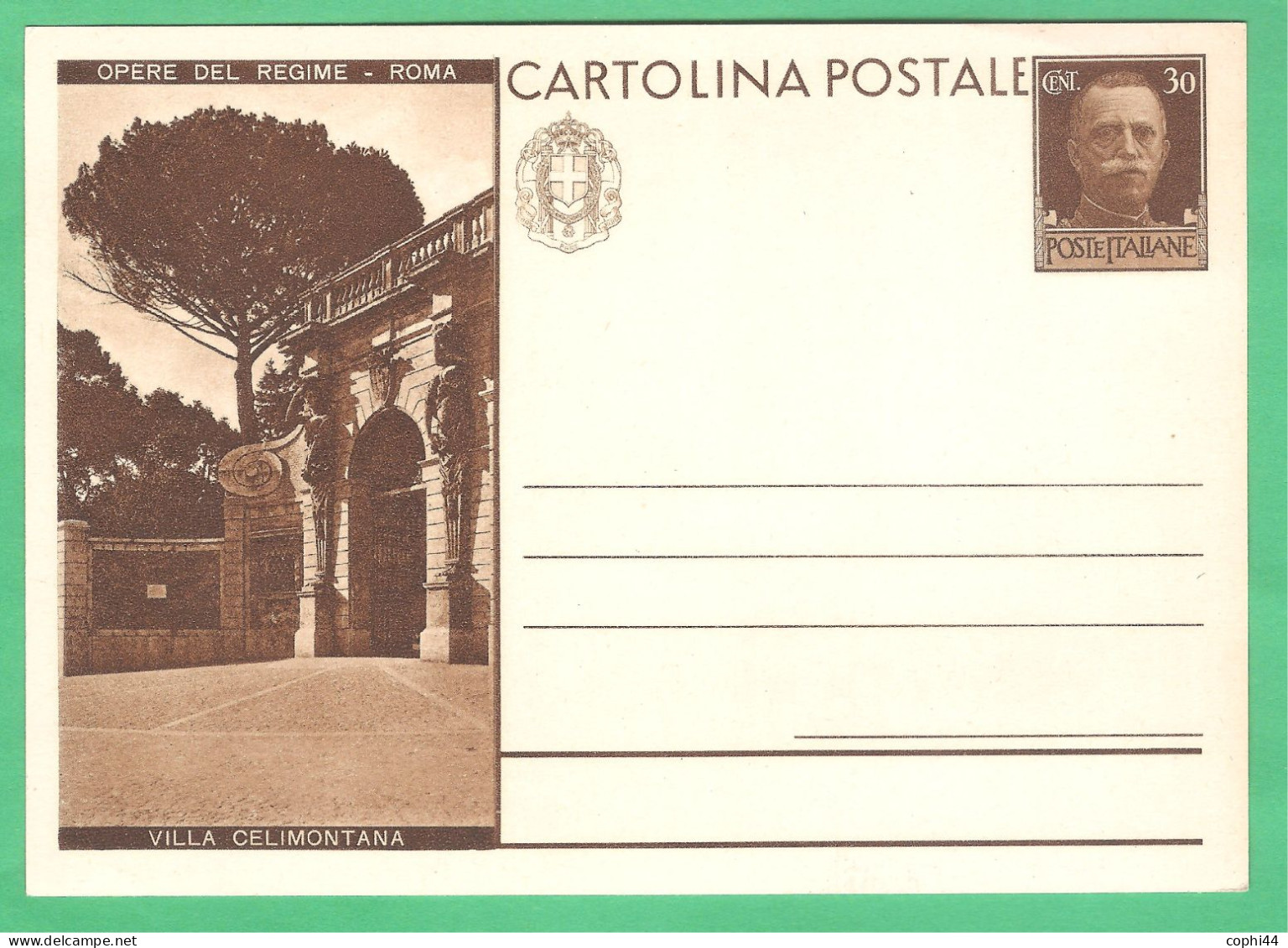 REGNO D'ITALIA 1931 CARTOLINA POSTALE VEIII OPERE DEL REGIME VILLA CELIMONTANA 30 C Bruno (FILAGRANO C70-24) NUOVA - Stamped Stationery