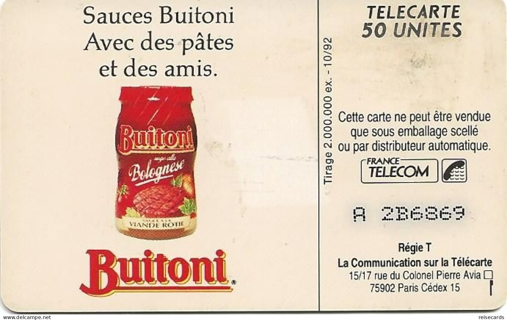 France: France Telecom 10/92 F296A Buitoni - 1992