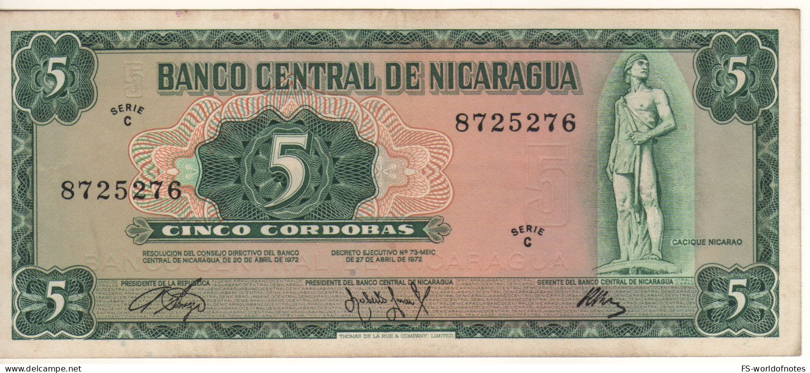 NICARAGUA.  5 Cordobas  P122   Serie 1960   ( Cacique Nicarao At Front + Fruit Market At Back ) - Nicaragua