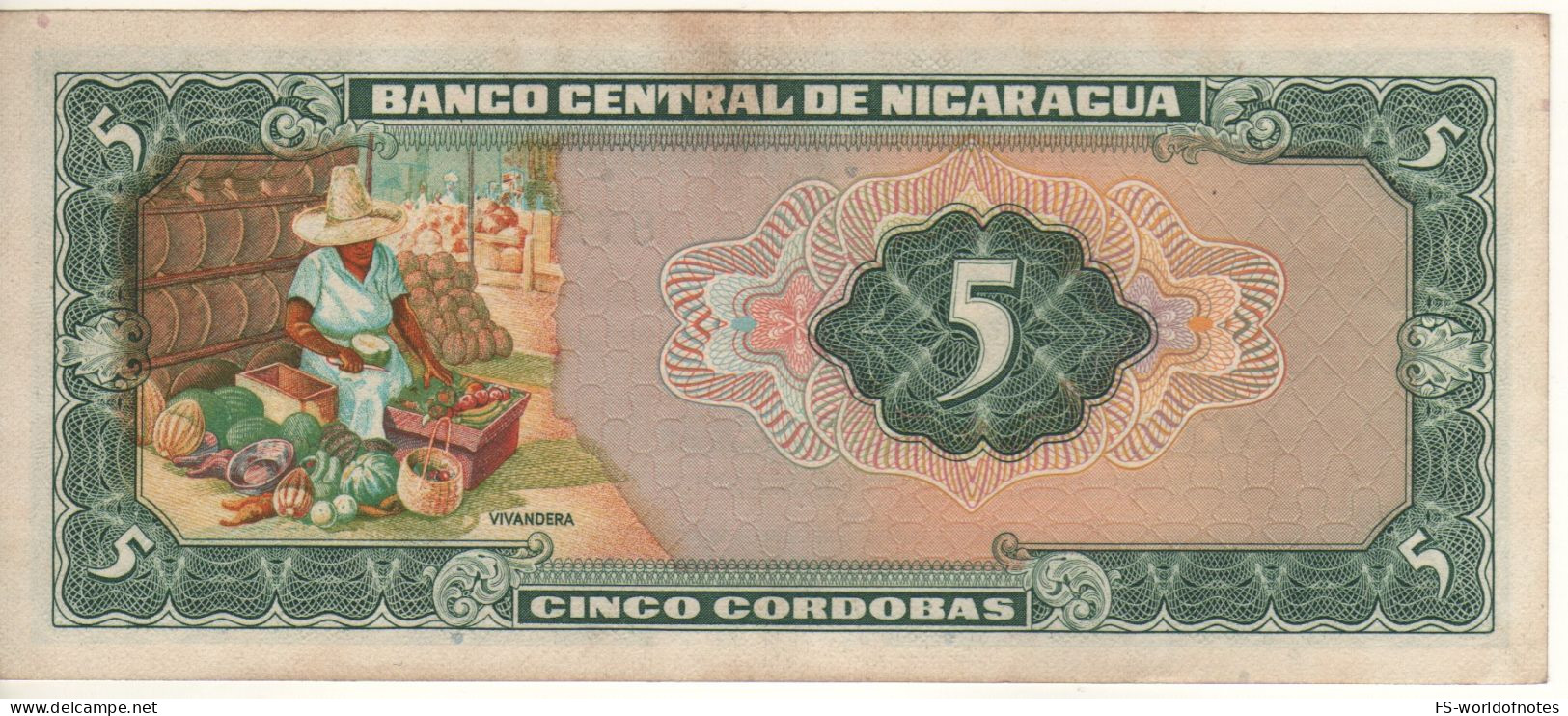 NICARAGUA.  5 Cordobas  P122   Serie 1960   ( Cacique Nicarao At Front + Fruit Market At Back ) - Nicaragua