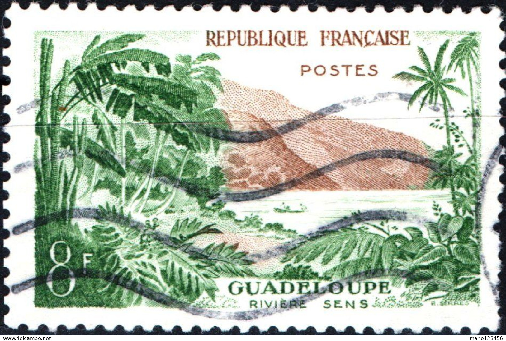 FRANCIA, FRANCE, TURISMO, GUADELOUPE, 8 Fr., 1957, FRANCOBOLLI USATI Yt:FR 1125, Mi:FR 1160, Scott:FR 850 - Used Stamps