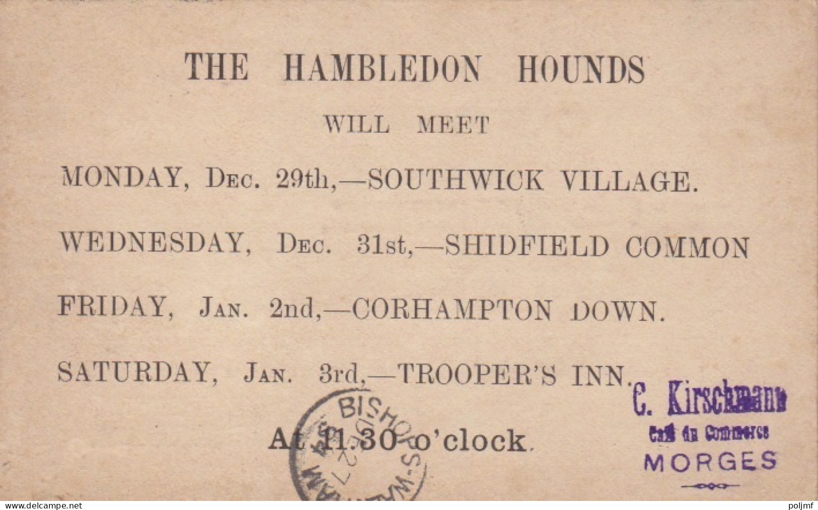 Petit Entier Cartonné Repiqué The Hambledon Hounds Half Penny Brun "Victoria" Obl. 625 Le 25 DE 84 Pour Bishop's - Material Postal