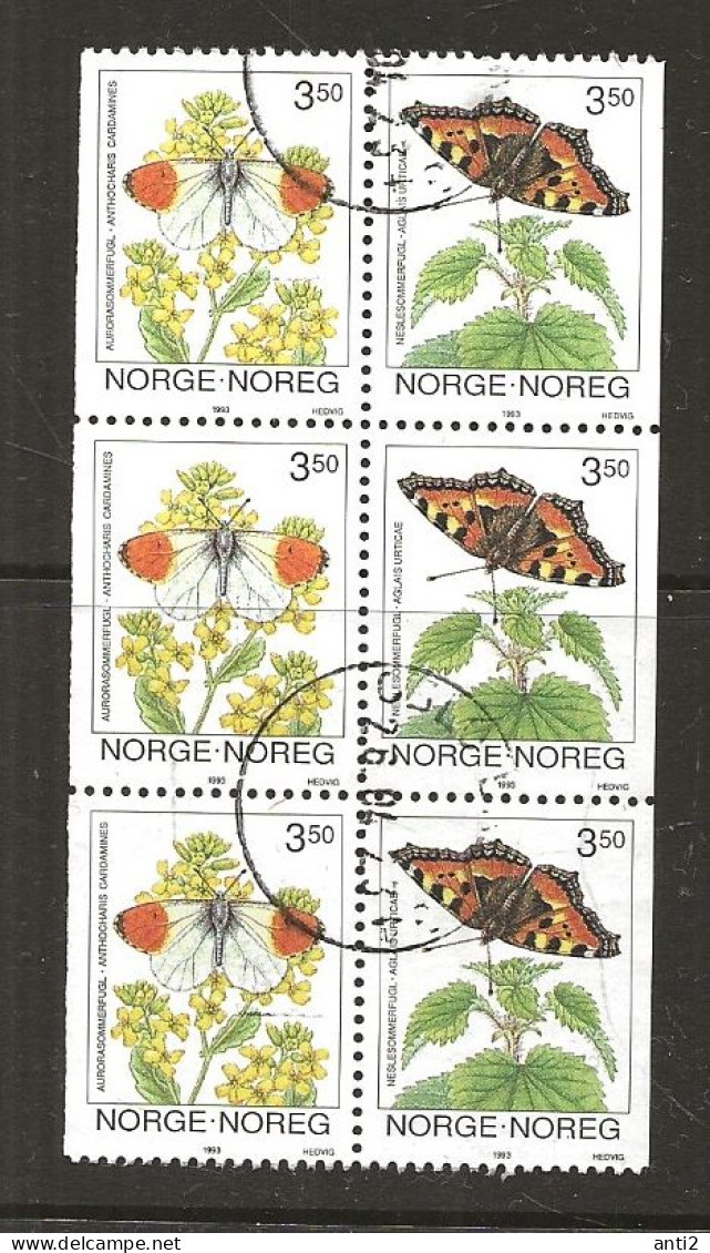 Norway 1993 Orange Tip (Anthocharis Cardamines). Small Tortoiseshell (Aglais Urtic, Mi 1114 X 1115  3 Pairs Cancelled(o) - Used Stamps