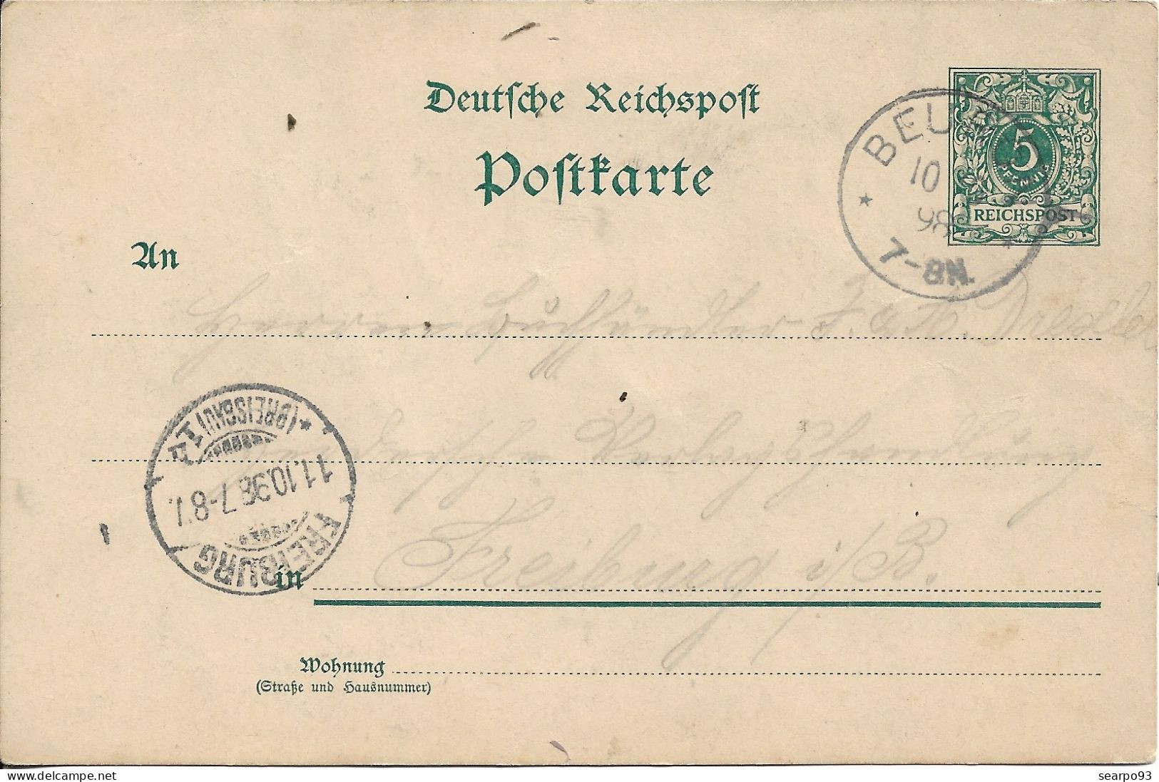 GERMANY. POSTAL STATIONERY TO FREIBURG. 1898 - Cartes Postales