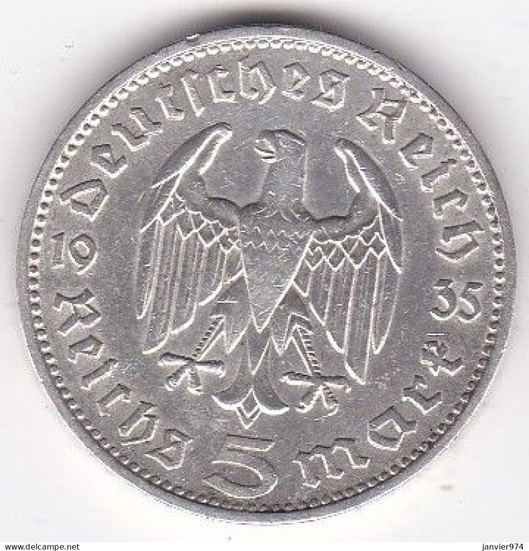 5 Reichsmark 1935 J Hambourg , Positon B. Paul Von Hindenburg, En Argent, KM# 86 - 5 Reichsmark