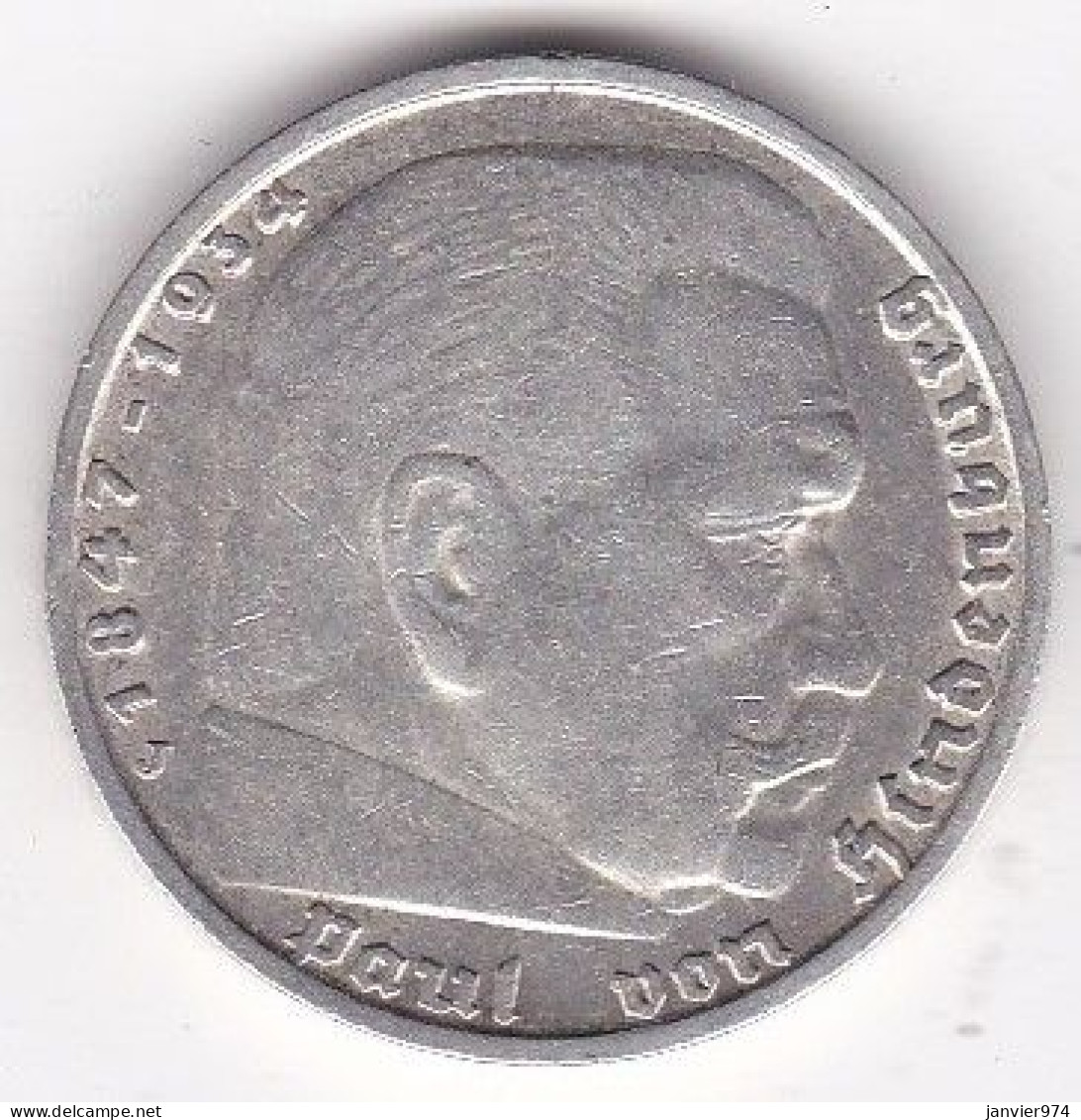 5 Reichsmark 1935 J Hambourg , Positon B. Paul Von Hindenburg, En Argent, KM# 86 - 5 Reichsmark