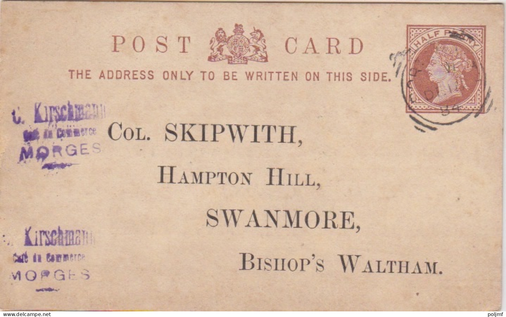 Petit Entier Cartonné Repiqué The Hambledon Hounds Half Penny Brun "Victoria" Obl. Le 13 DE 84 Pour Bishop's - Entiers Postaux