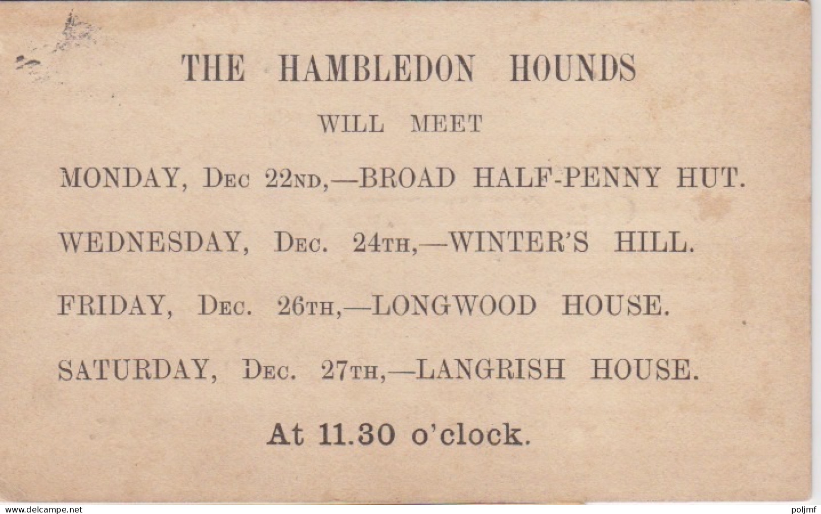 Petit Entier Cartonné Repiqué The Hambledon Hounds Half Penny Brun "Victoria" Obl. Le 13 DE 84 Pour Bishop's - Postwaardestukken