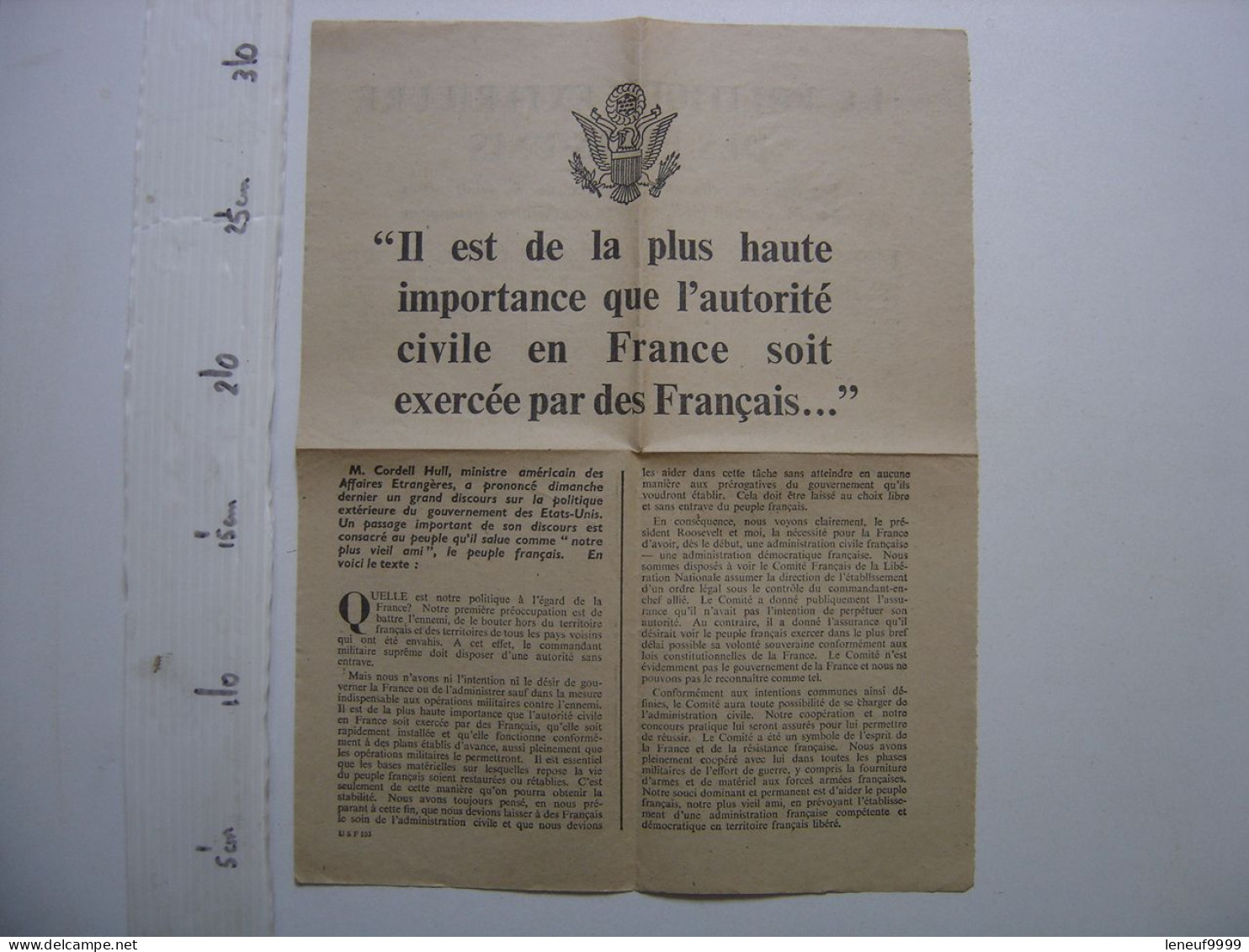 Flugblatt Tract Propagande Alliees Propaganda Leaflet DISCOURS CORDELL HULL 1944 - 1939-45