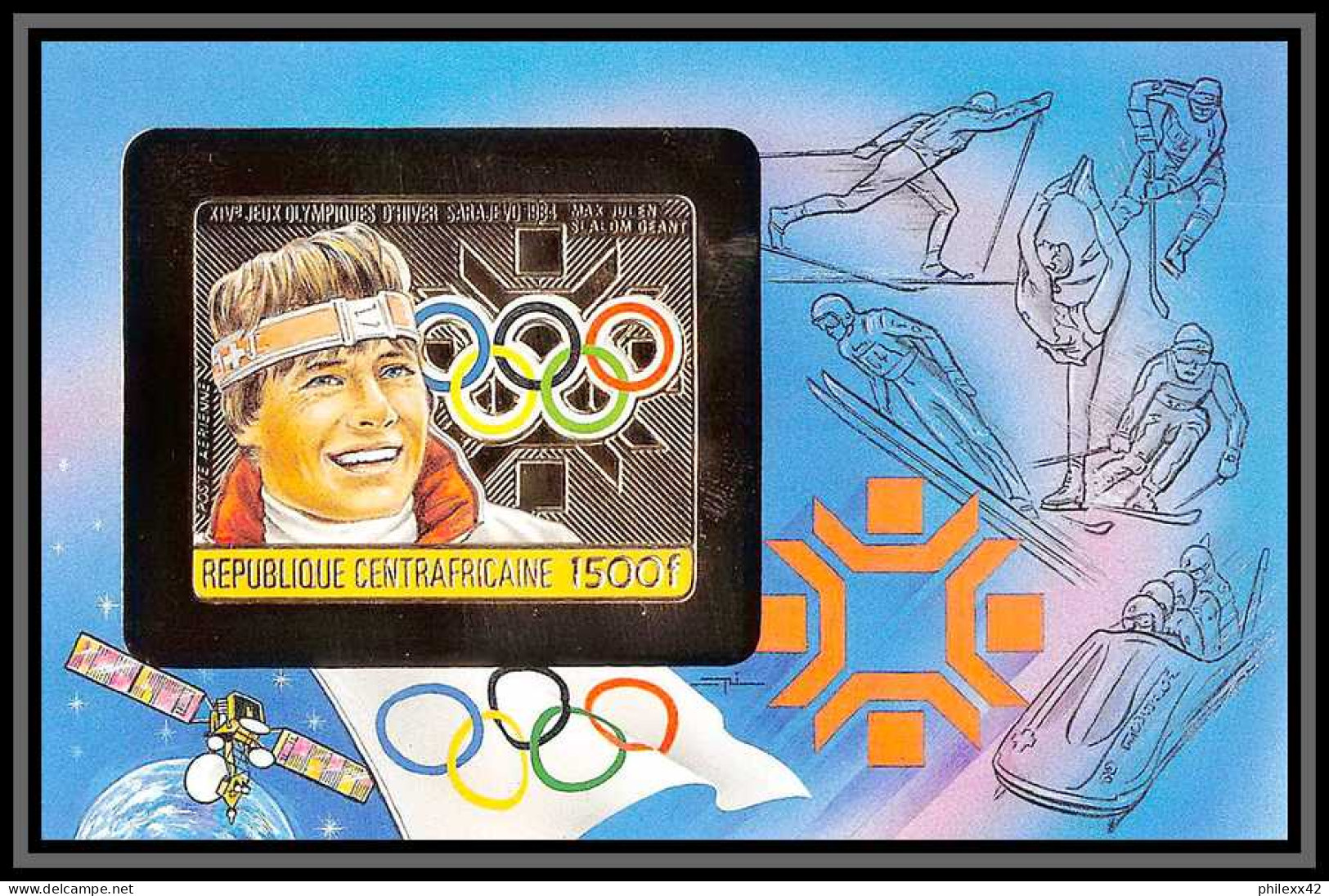 86057 N°304 B Max Julen Suisse Sarajevo Jeux Olympiques Olympic Games 1984 Centrafricaine OR Gold MNH Non Dentelé Imperf - Winter 1984: Sarajevo