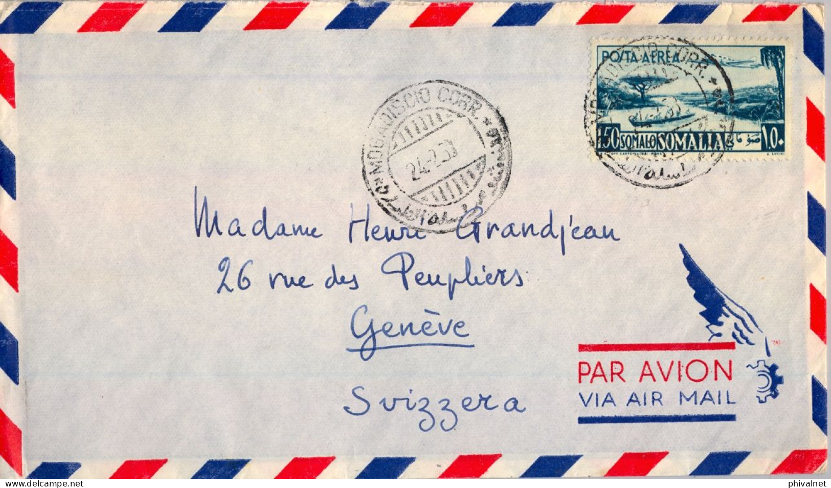 1953 SOMALIA ITALIANA , MOGADISCIO - GINEBRA , CORREO AÉREO , SOBRE CIRCULADO - Somalie