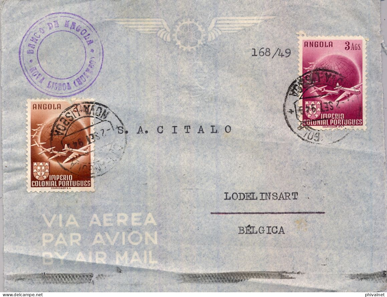 1949 ANGOLA PORTUGUESA , FRONTAL DEL BANCO DE ANGOLA CIRCULADO A LODELINSART , CORREO AÉREO - Angola