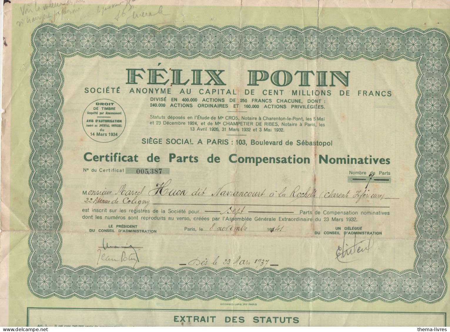 Paris  CERTIFICAT DE PARTS DE COMPENSATION NOMINATIVE FELIX POTIN 1934  (CAT7152) - Andere & Zonder Classificatie