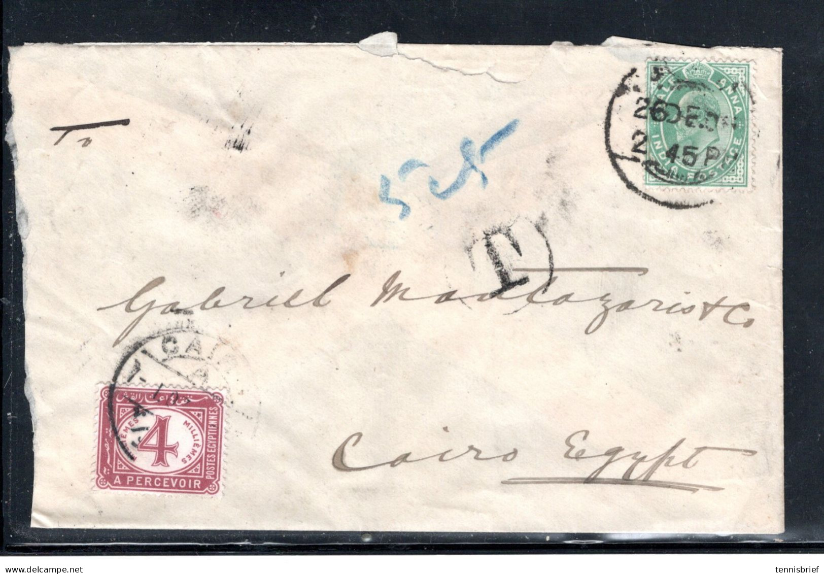 1907, 4 M. Postage Due , Clear  "CAIRE " On Cover From India , Half Anna , And Tax Mark #161 - 1866-1914 Khedivato De Egipto