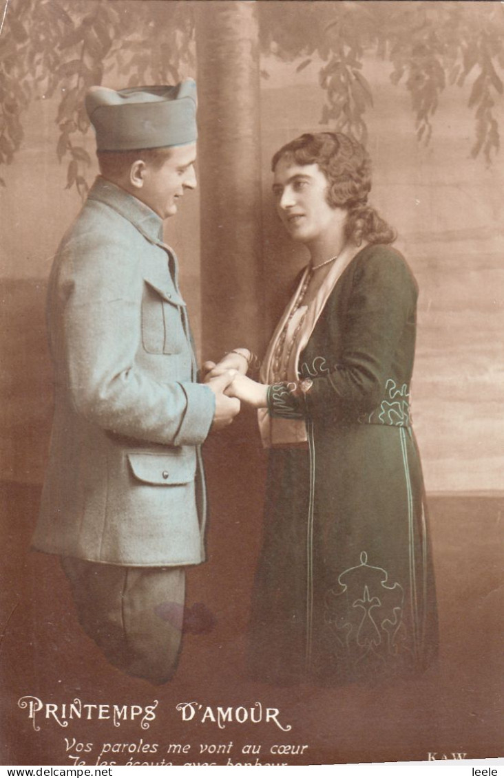 B87. Vintage French Postcard. The Spring Of Love. Soldier And Girlfriend. - Couples