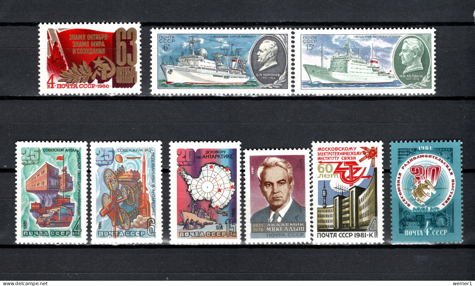 USSR Russia 1980/1981 Space, October Revolution, Ships, Antarctic, Mstislaw Keldysch, News, DOSAAF 9 Stamps MNH - Russie & URSS