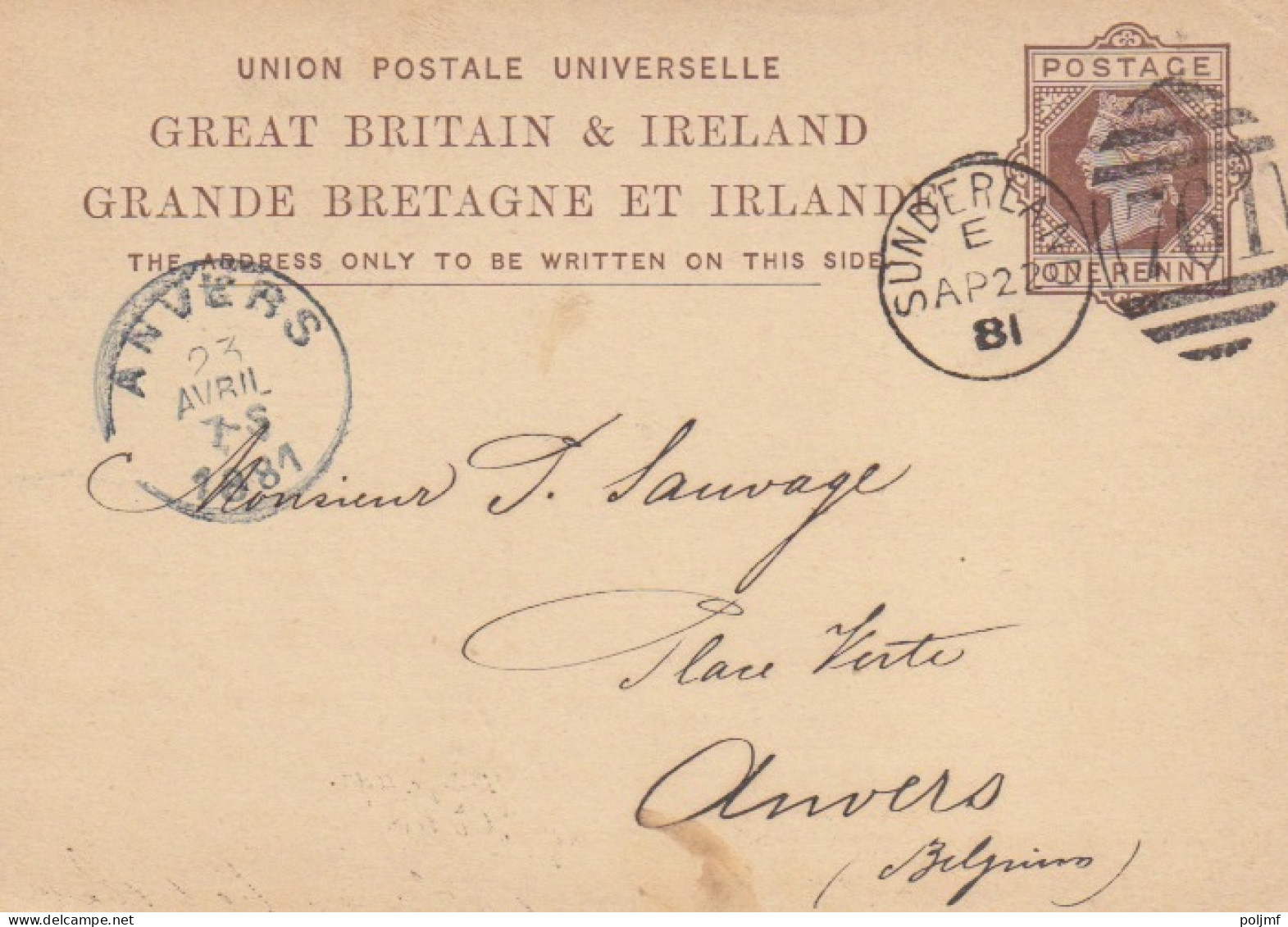 Entier GB Et Irland One Penny Brun "Victoria" Obl. Sunderlan 761 Le 22 AP 81 Pour Anvers - Postwaardestukken