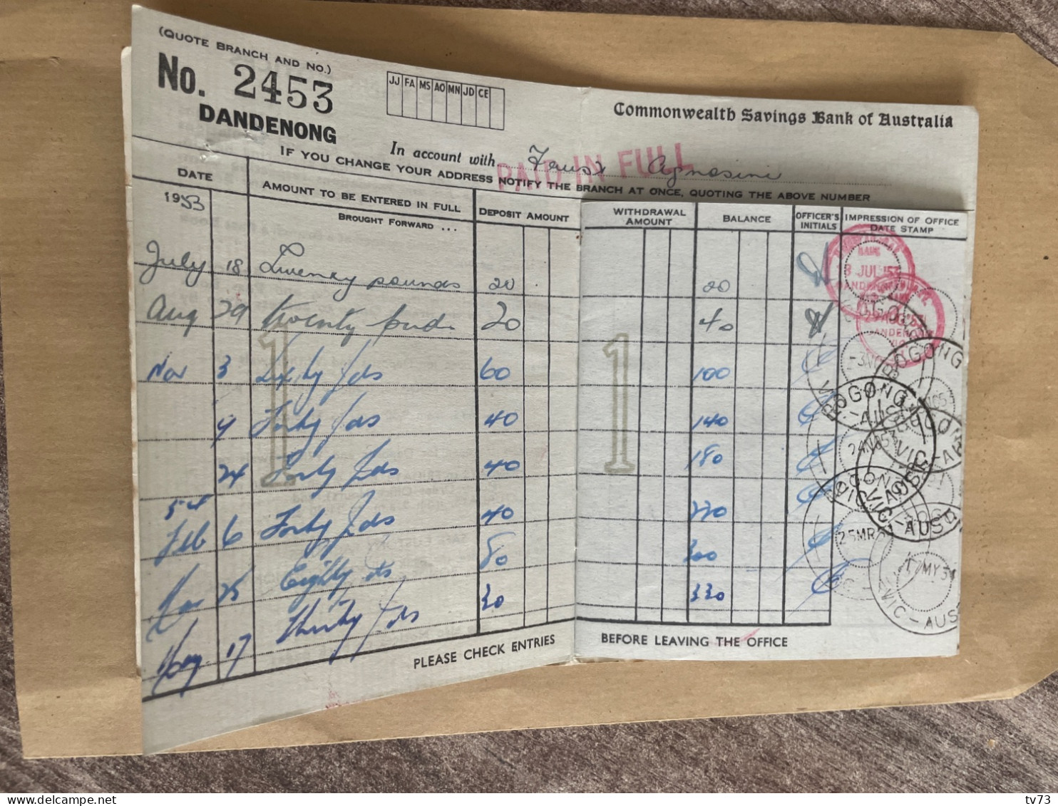 EB50 - Depositor’s Pass Book - Commonwealt Savings Bank Of Australia - Dandenong Victoria - Années 50 - Australië