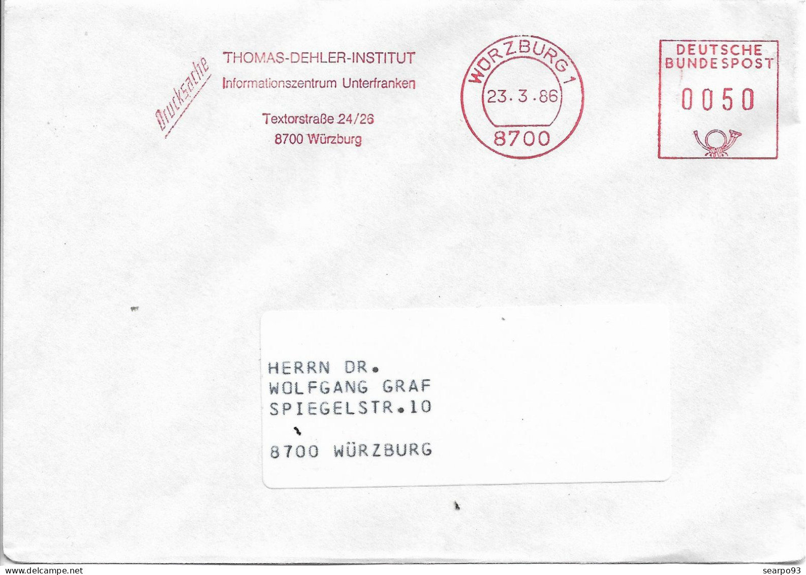 GERMANY. METER SLOGAN. THOMAS DEHLER INSTITUT. WÜRZBURG. 1986 - Frankeermachines (EMA)