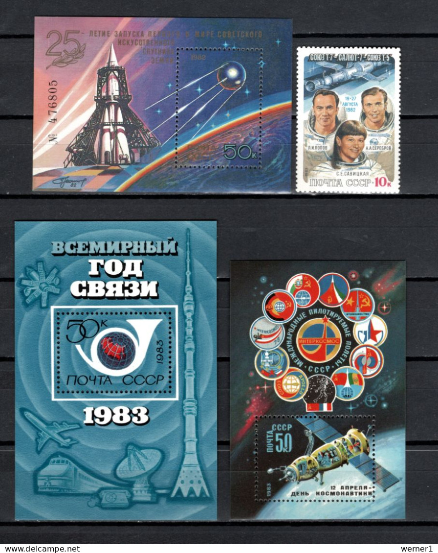 USSR Russia 1982/1983 Space, Sputnik, Saljut 7, World Communication Year, Cosmonautic Day Stamp + 3 S/s MNH - Russia & URSS