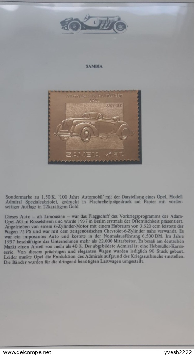 Zambie 1987 Michel A380. Série complète de 25 timbres. Automobiles sur or. Ford Mercedes Citroën Ferrari Opel Volkswagen