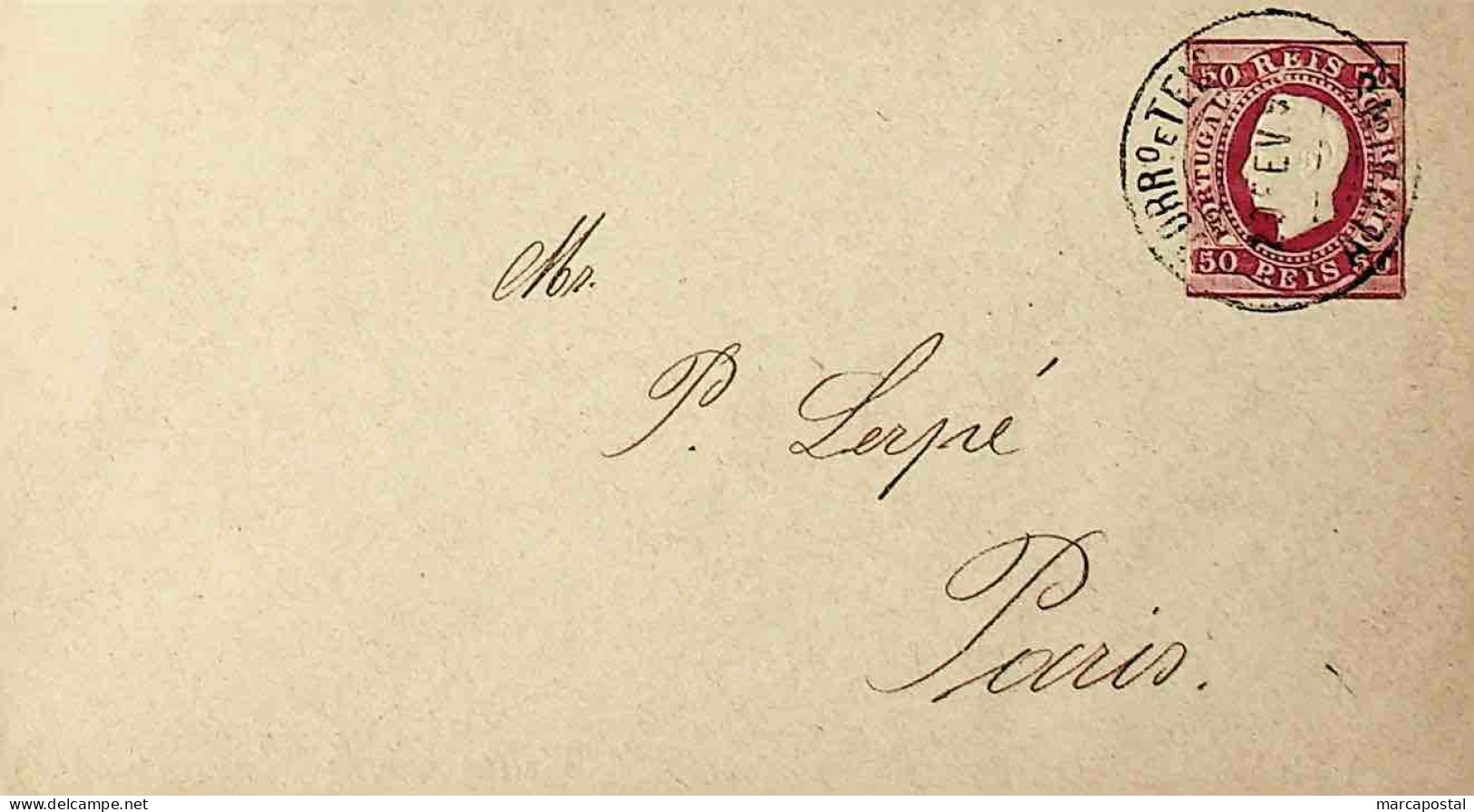 189? Portugal Sobrescrito Inteiro D. Luís Fita Direita 50 R. Rosa Enviado De Alcains Para Paris, França - Postal Stationery