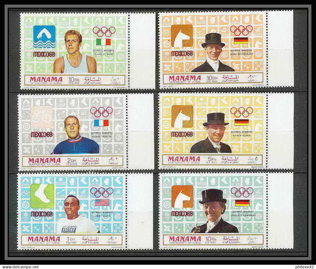 122c - Manama MNH ** Mi N° 204 / 209 A Jeux Olympiques (summer Olympic Games) MEXICO 68 Cheval Cycling Gold Medalists - Zomer 1968: Mexico-City