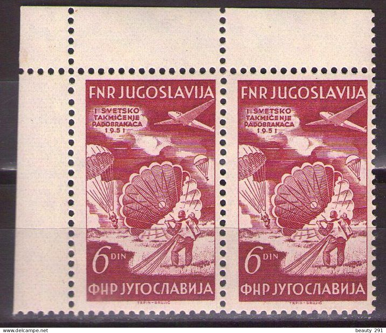 Yugoslavia 1951 - Airmail-World Parachuting Championship - Mi 666 - MNH**VF - Unused Stamps