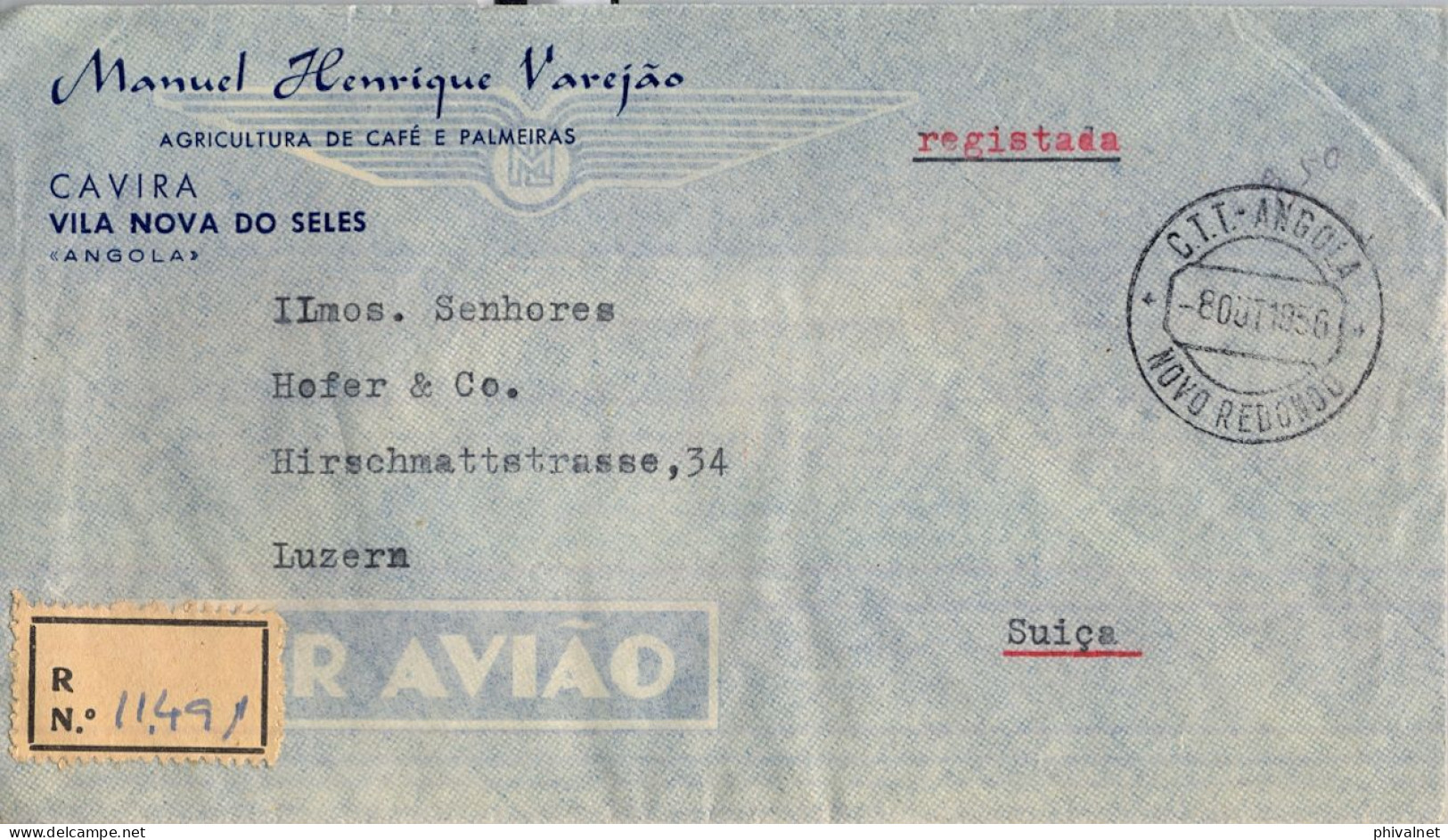 1956 ANGOLA PORTUGUESA , NOVO REDONDO - LUZERN , SOBRE CERTIFICADO - Angola
