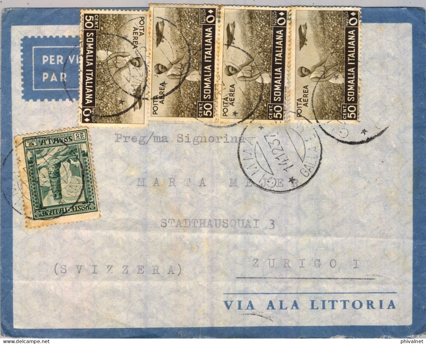 1937 SOMALIA ITALIANA , GIMMA - ZÜRICH , CORREO AÉREO VIA  ALA LITTORIA , YV. 167 , 19 AÉREOS X 4 , COTONNIERS - Somalië