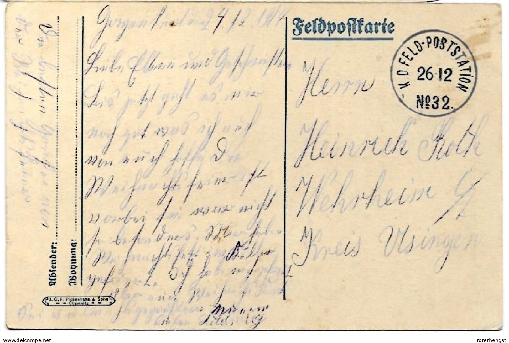 Feldpostkarte WW! Feldpoststation 32  From 4.12.1914 With Song On Backside - Feldpost (franqueo Gratis)