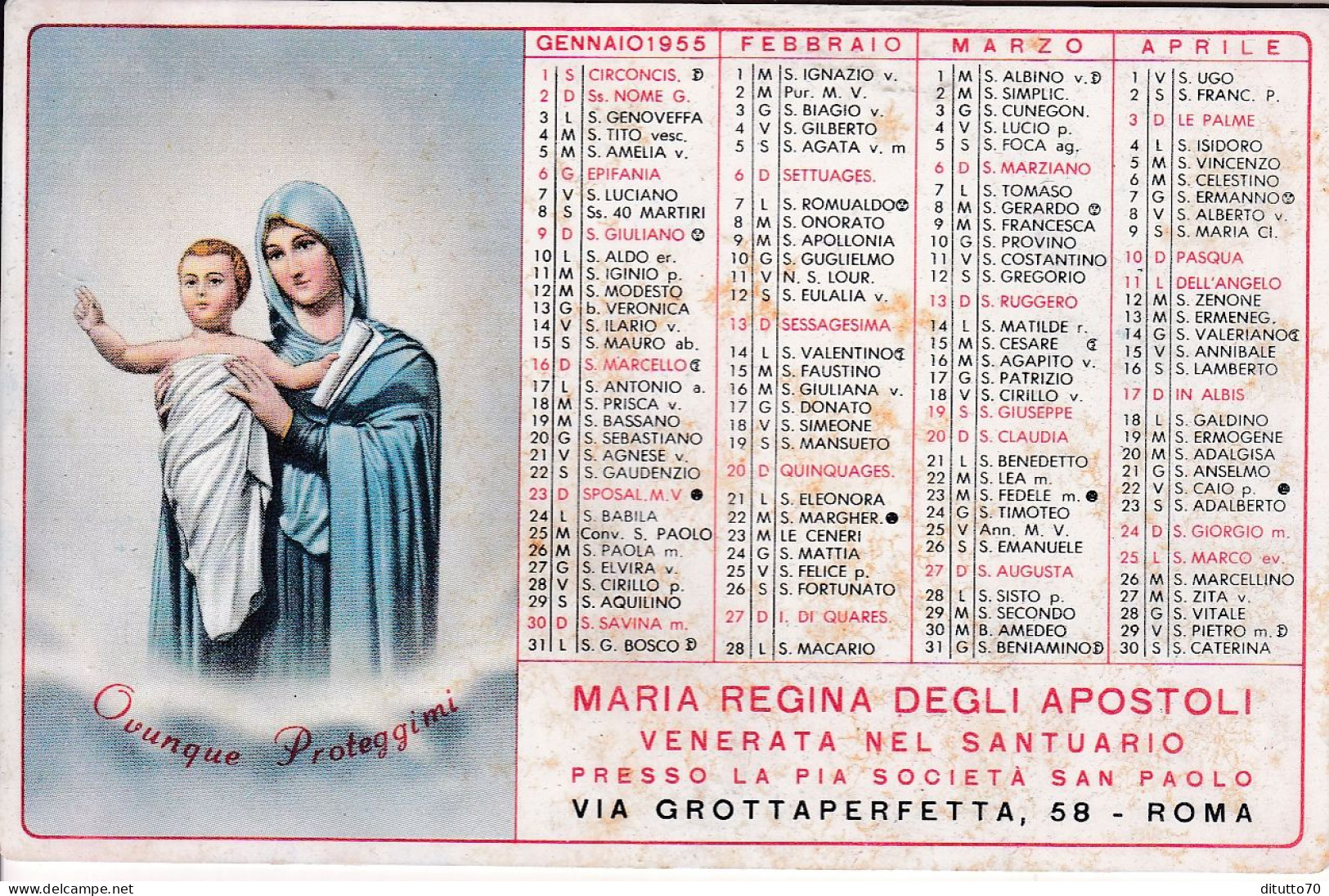 Calendarietto - Maaria Regina Degli Apostoli - Venerata Nel Santuario - Presso La Pia Società San Paolo - Roma - Anno 19 - Klein Formaat: 1941-60