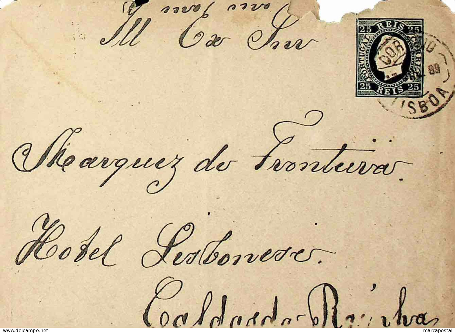 1889 Portugal Sobrescrito Inteiro D. Luís Fita Direita 25 R. Azul Enviado De Lisboa Para Caldas Da Rainha - Postal Stationery