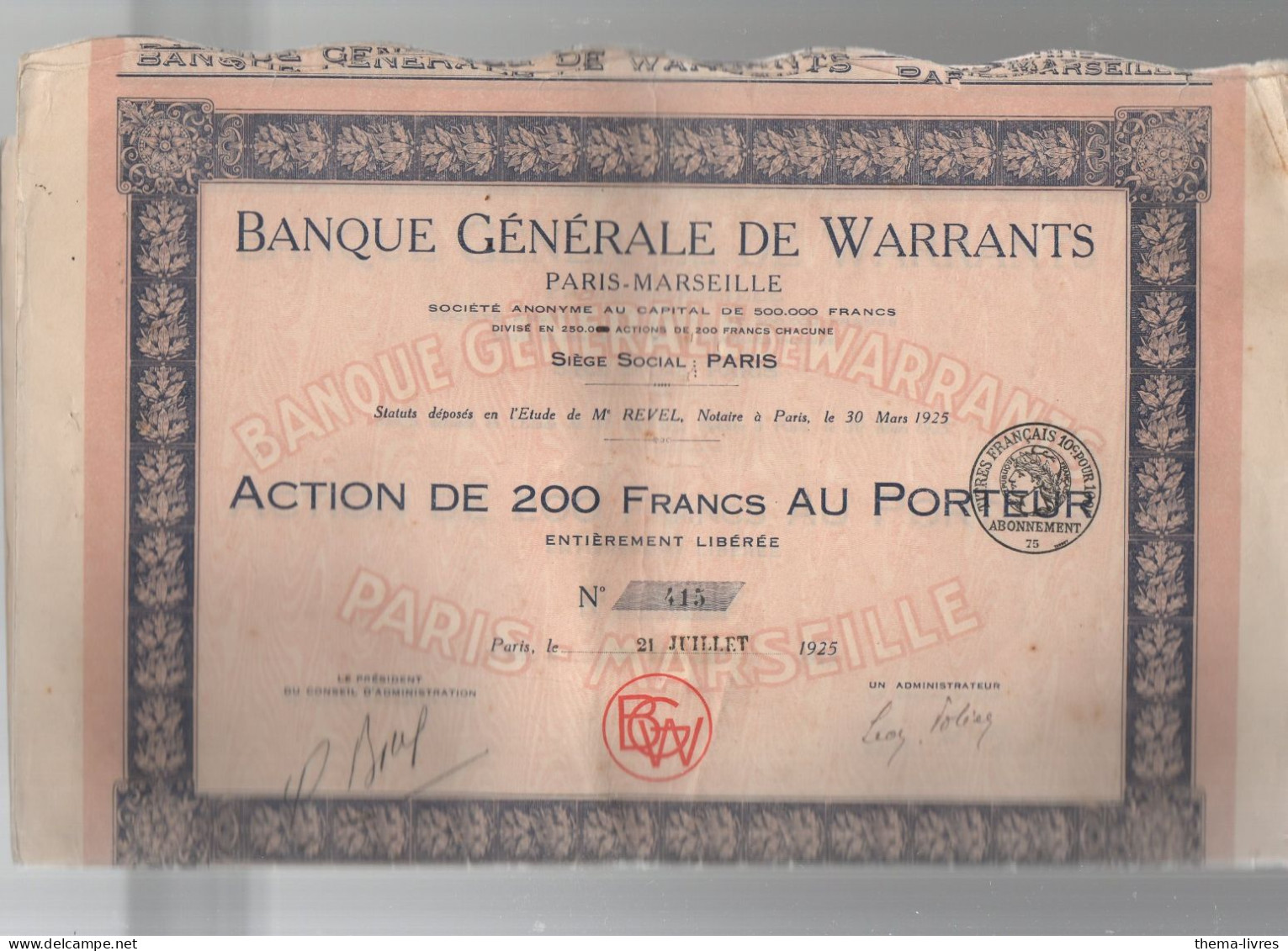 Paris  Action De 200f Au Porteur BANQUE GENERALE DE WARRANTS  1925 (M7155) - Other & Unclassified