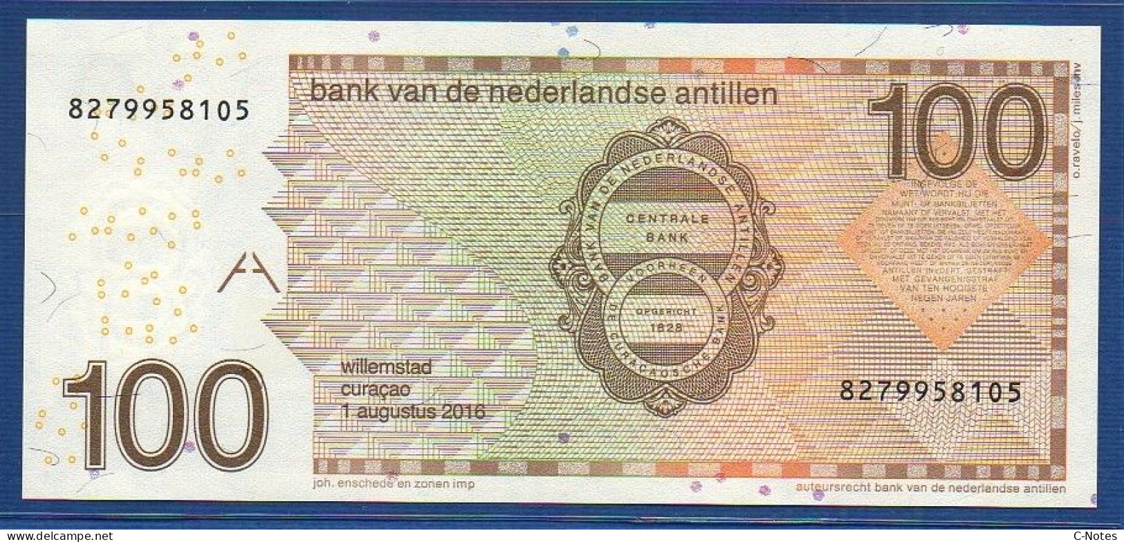 NETHERLANDS ANTILLES - P.31h – 100 Gulden 2016 UNC, S/n 8279958105 - Antille Olandesi (...-1986)