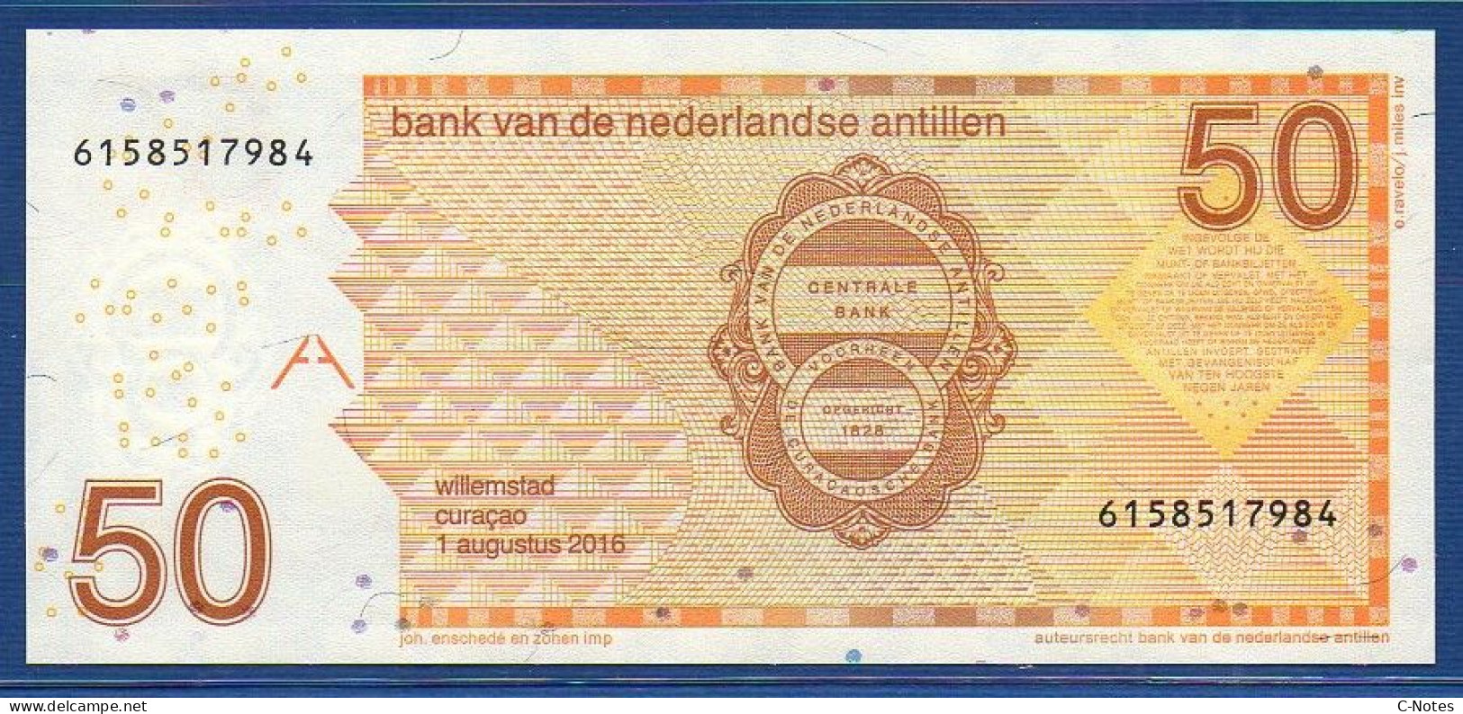 NETHERLANDS ANTILLES - P.30h – 50 Gulden 2016 UNC, S/n 6158517984 - Nederlandse Antillen (...-1986)