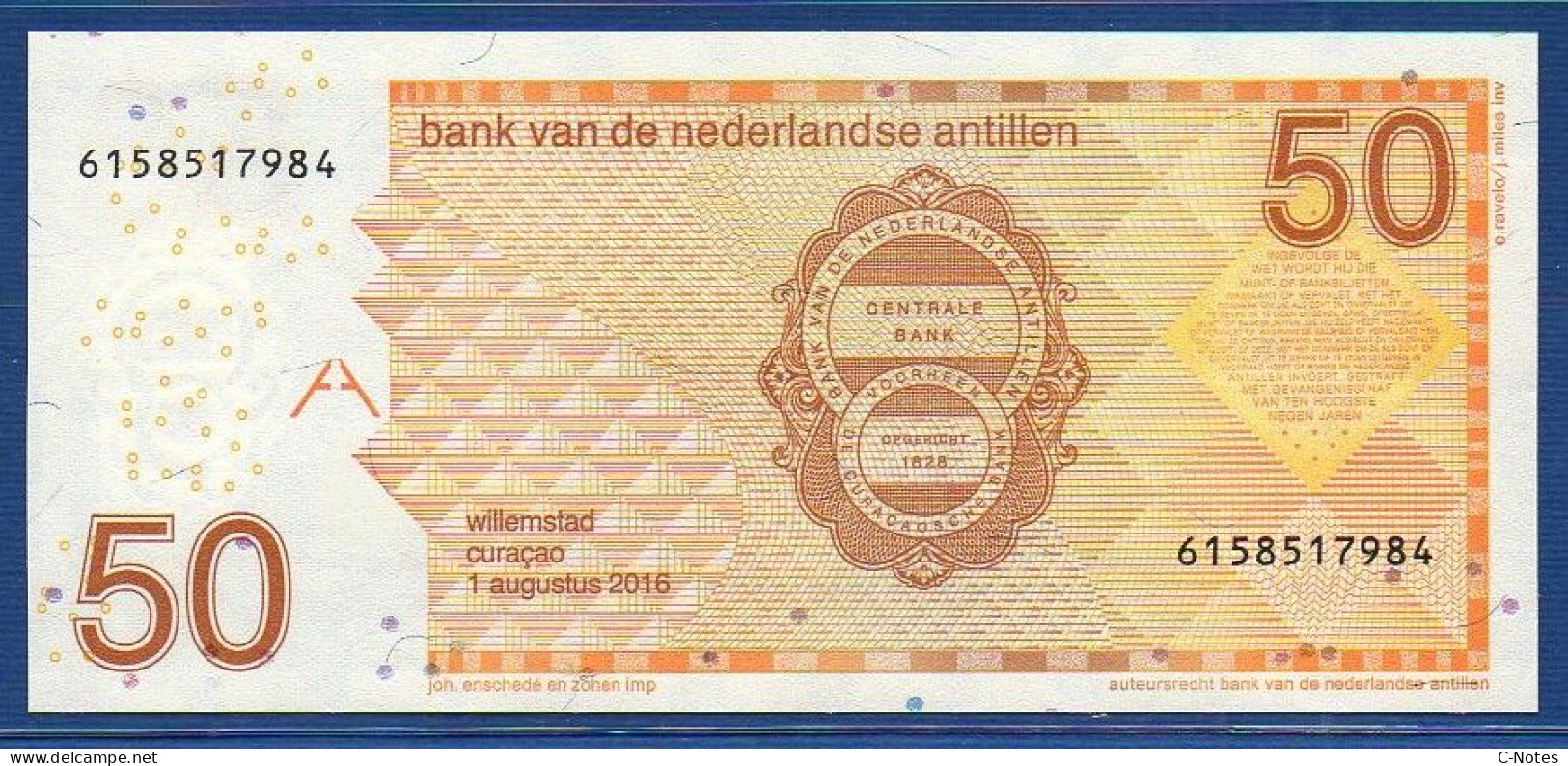 NETHERLANDS ANTILLES - P.30h – 50 Gulden 2016 UNC, S/n 6158517984 - Antilles Néerlandaises (...-1986)