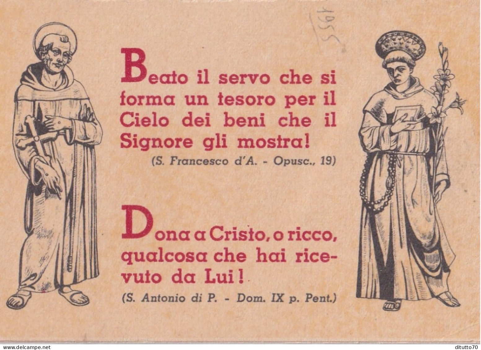 Calendarietto - Opera Caritas Francescana - Del Cenacolo Di S.antonio Assi - Roma - Anno 1955 - Kleinformat : 1941-60