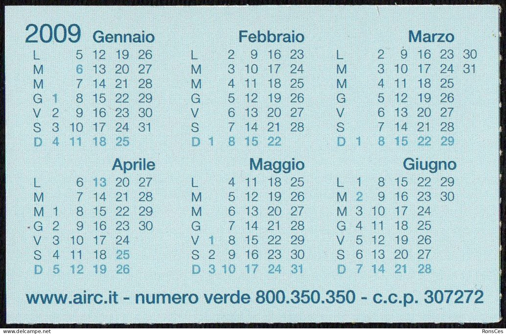 ITALIA 2009 - CALENDARIO TASCABILE - AIRC - ASSOCIAZIONE ITALIANA PER LA RICERCA SUL CANCRO - I - Petit Format : 2001-...