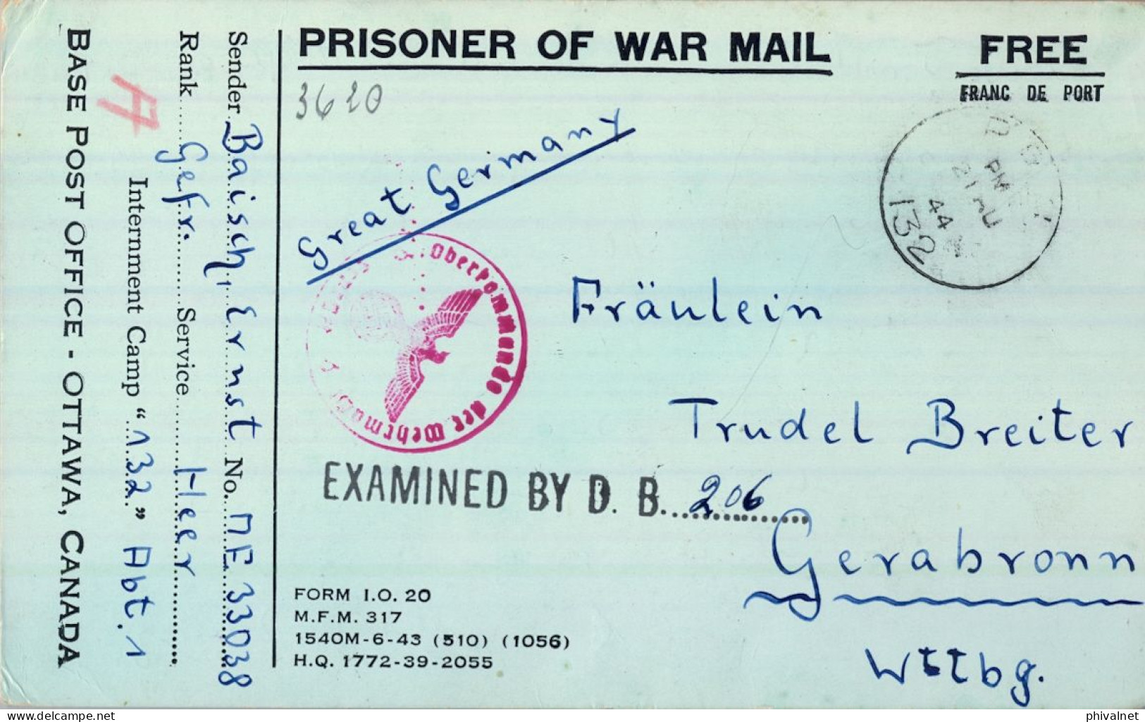 1944 P.O.W. , PRISONER OF WAR , OTTAWA - GERABRONN , TARJETA POSTAL CIRCULADA , DOBLE CENSURA - Storia Postale