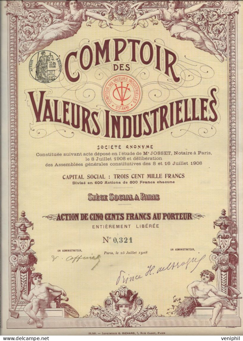 COMPTOIR DES VALEURS INDUSTRIELLES - ACTION  ILLUSTREE DE CINQ CENTS FRANCS  -ANNEE 1908 - Banca & Assicurazione