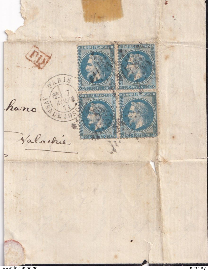 FRANCE - Bloc De 4 Du 20 C. Lauré Sur Fragment De Lettre De Parisdu 7/8/71 Pour La Valachie Avec PD Encadré En Rouge - 1863-1870 Napoléon III Lauré