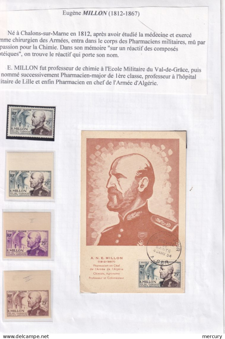 ALGERIE - MILLON - Tilmbre, CM, Non Dentelé, 2 Essais De Couleurs + Documents Sur Ce Pharmacien - Storia Postale