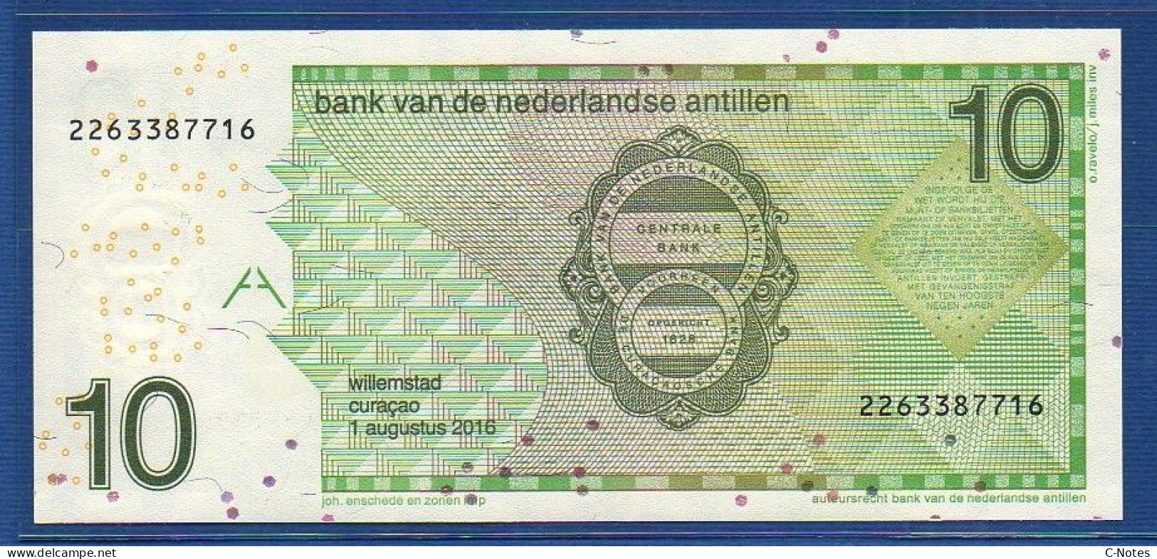 NETHERLANDS ANTILLES - P.28h – 10 Gulden 2016 UNC, S/n 2263387716 - Antilles Néerlandaises (...-1986)