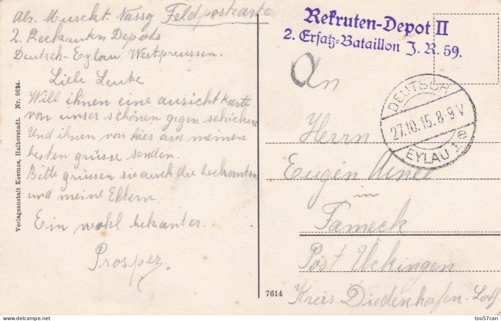 Dt  EYLAU   -   OSTPREUSSEN  -   DEUTSCHLAND   -  FELDPOST  ANSICHTKARTE.....1915   -   ARTILLERIEKASERNE. - Ostpreussen