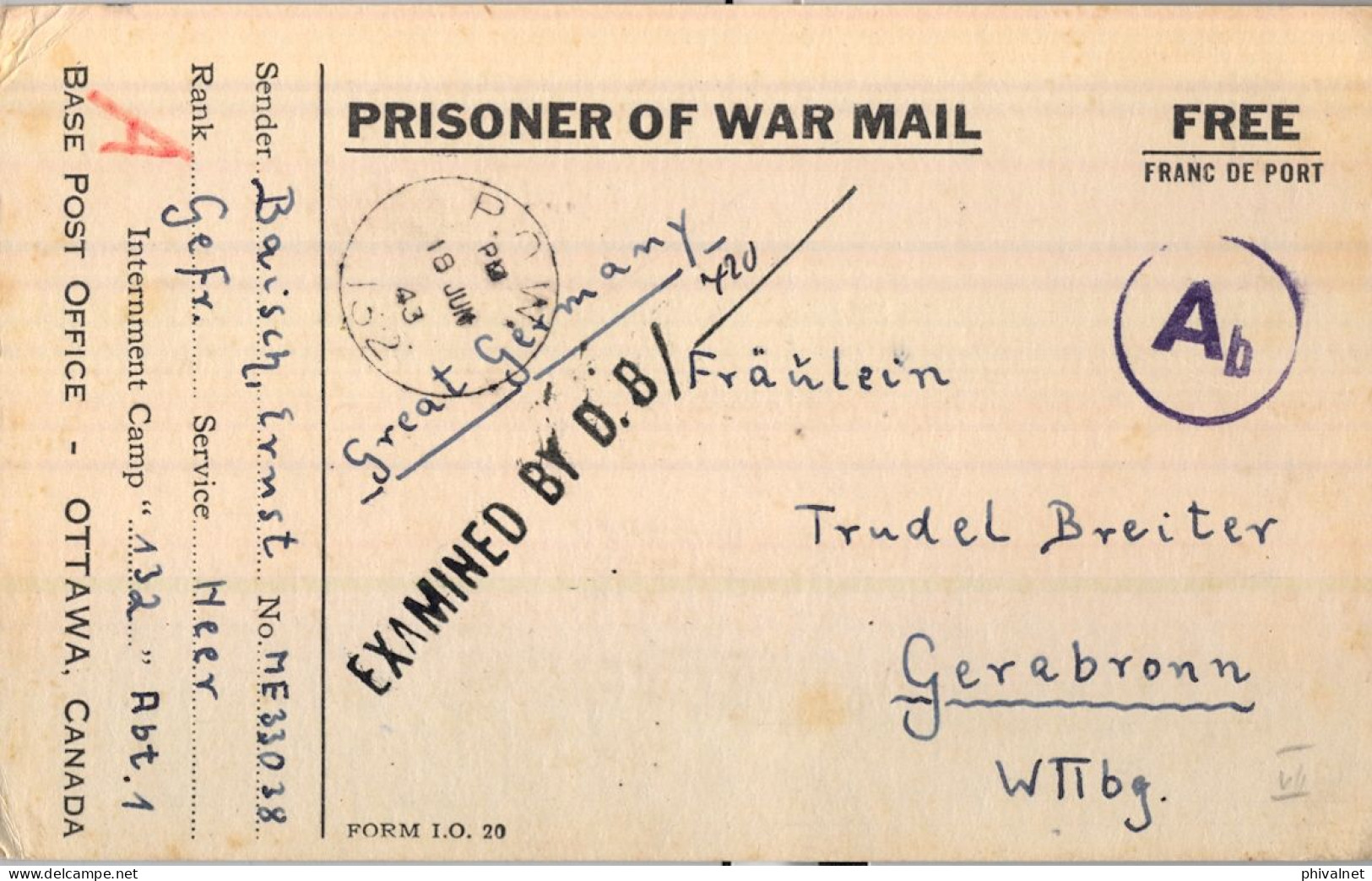 1943 P.O.W. , PRISONER OF WAR MAIL , OTTAWA - GERABRONN , TARJETA POSTAL CIRCULADA , DOBLE CENSURA - Covers & Documents