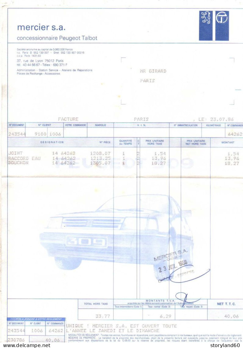 Peugeot Talbot Facture Mercier Paris , 309 En Fond De Facture De 1986 - Cars