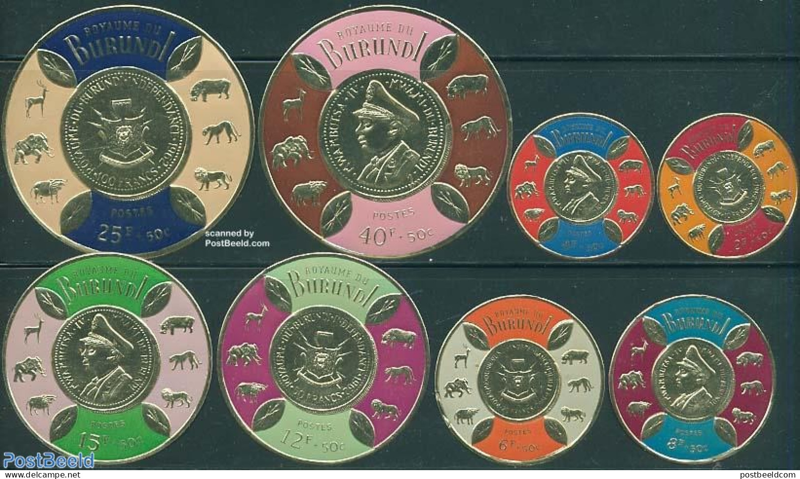 Burundi 1965 Independence 8v  (foil Stamps), Mint NH, History - Nature - Various - Coat Of Arms - Politicians - Animal.. - Monnaies