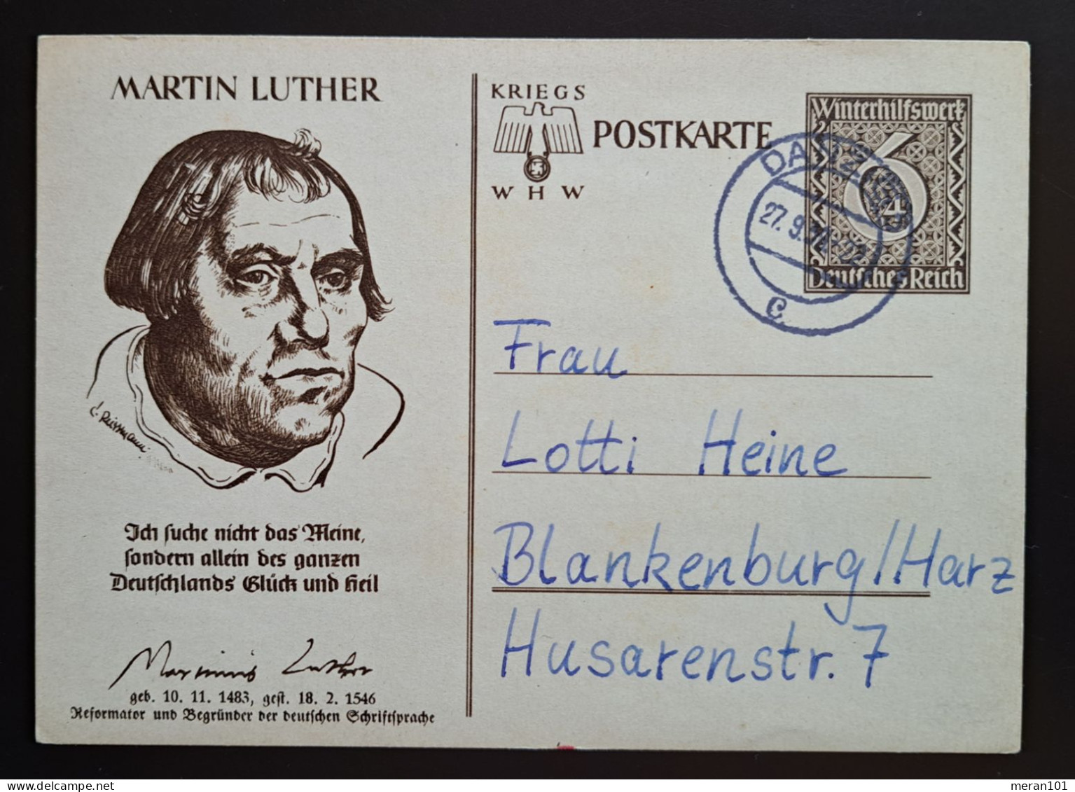 DANZIG 1939, Postkarte P285/02 Martin Luther WHW - Ganzsachen